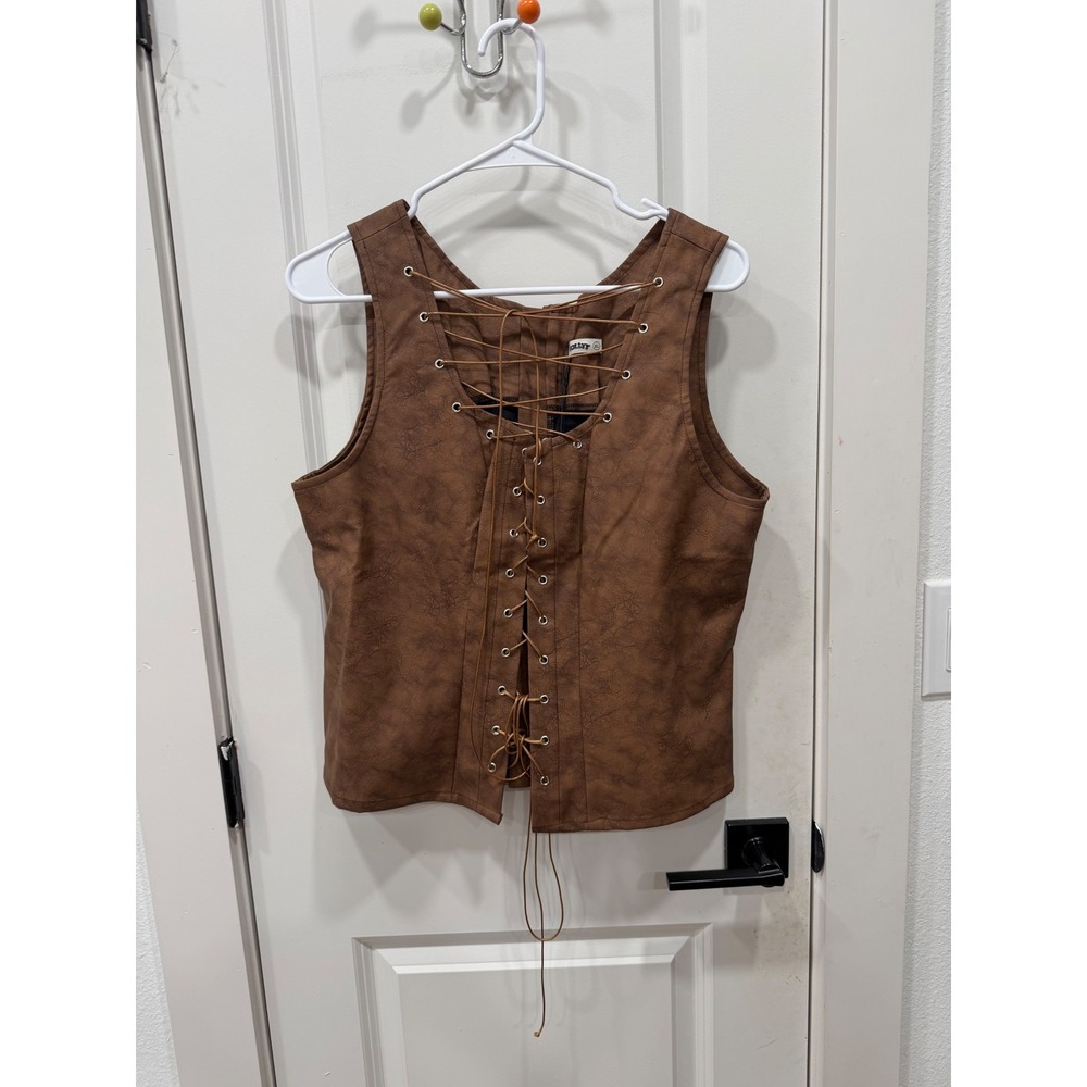 Kollyy Brown Faux Leather Lace Up Front Vest Sleeveless Top XL 1652303#
